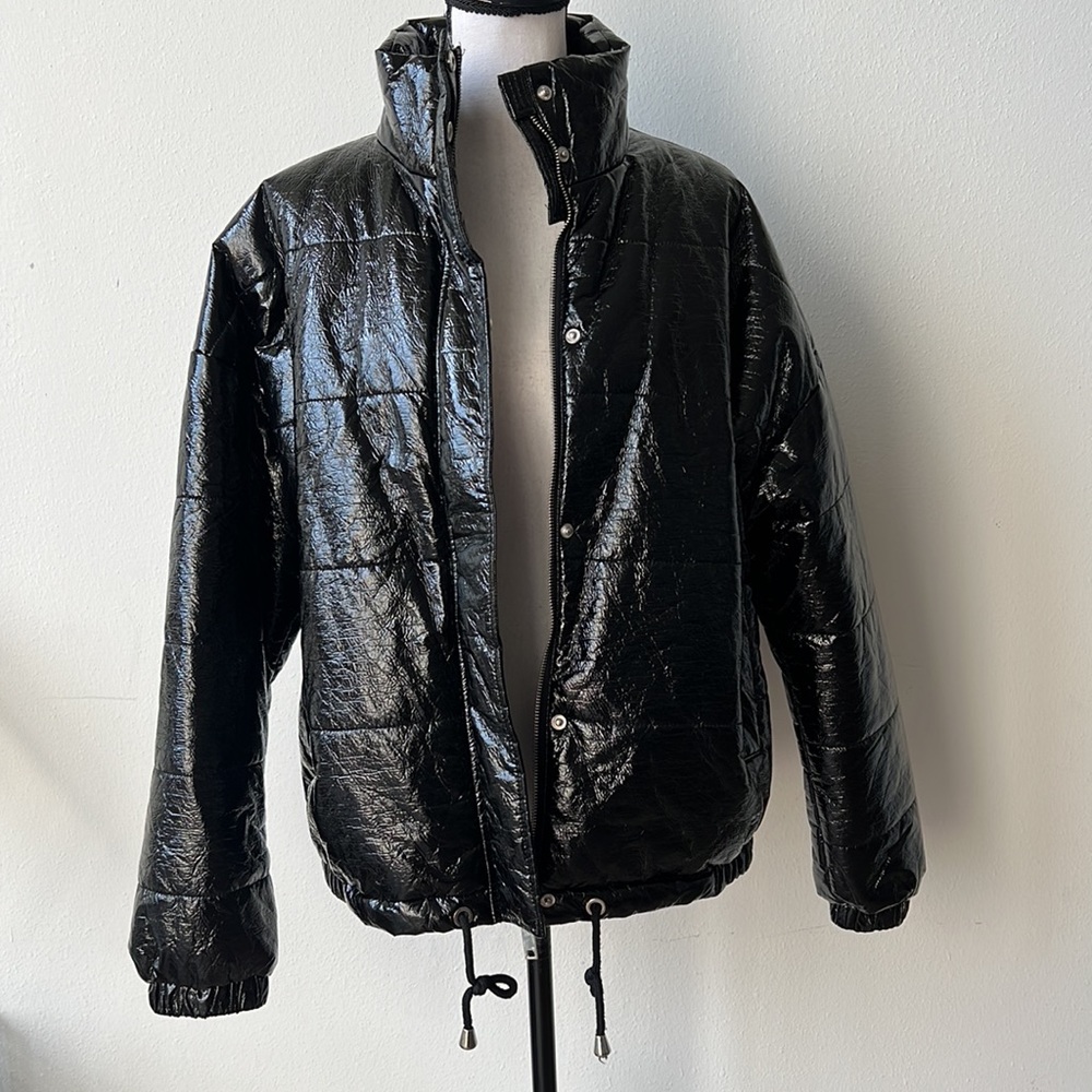 Nasty Gal K Zell Paris France Patent Faux Leather Shiny Black Puffer Jacket